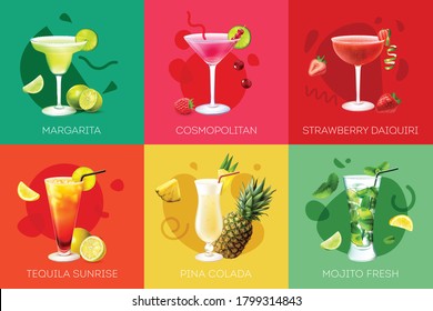 Realistic design concept with different alcoholic cocktails fruit berries isolated on colorful background vector illustration