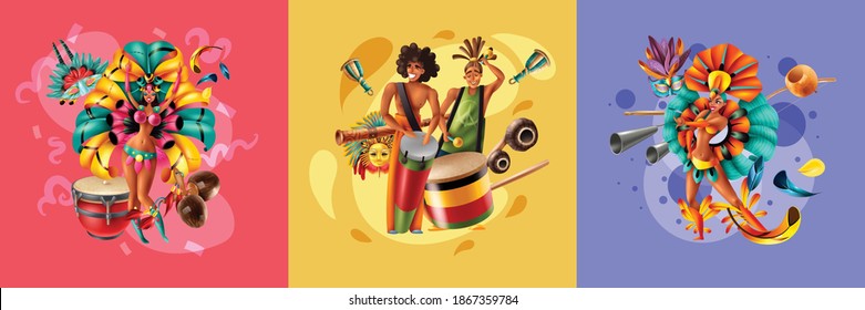 Realistic design concept with dressed up musicians and dancers of brazil carnival isolated on colorful background vector illustration