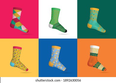 Realistic design concept set of six multicolored socks for woman on different square color backgrounds vector illustration