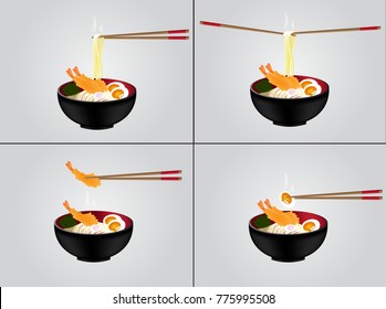 Realistic Design Hot Noodle with Shrimp Tempura, egg and Black Bowl on White Background Banner Set Illustration