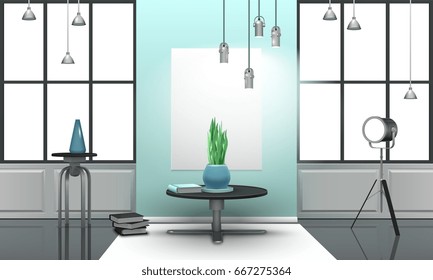 Realistic design loft interior in light tones with metal furniture, large windows with black frames vector illustration