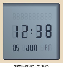 Realistic design of old retro electronic wristwatch with date