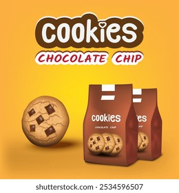 Realistic design packaging template for chocolate chip cookies snack on yellow background. 3D cookies package for advertisement, web banner, marketing and etc. Vector illustration EPS 10.