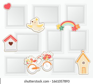 Fotos de diseño realistas sobre fondo blanco. Plantilla decorativa para el bebé, la familia o los recuerdos. Concepto Scrapbook, ilustración vectorial. Cumpleaños