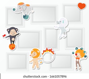 Realistic design photo frames on white background. Decorative template for baby, family or memories. Scrapbook concept, vector illustration. Birthday