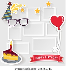 Realistic Design Photo Frames On White Background. Decorative Template For Baby, Family Or Memories. Scrapbook Concept, Vector Illustration. Birthday