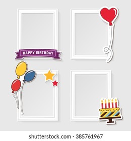 Realistic design photo frames on white background. Decorative template for baby, family or memories. Scrapbook concept, vector illustration. Birthday