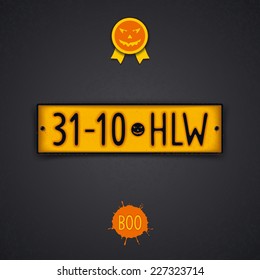 Realistic design plate for Halloween as a retro car number with abbreviation - 31-10 HLW. Vector eps 10 