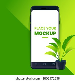 Realistic design smartphone mockup with leaf