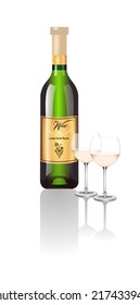 Realistic design of standing old white wine bottle with reflection and two classic crystal wine glass. Gold label with yellow grape. vector art image illustration, isolated on white background, eps10