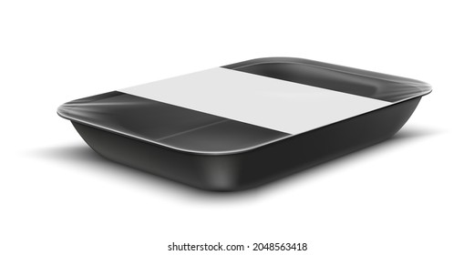 Realistic design template with black food tray on white background.