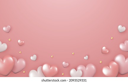 Realistic design for Valentine's Day, Mother's Day, Women's Day, Wedding. 3d shiny hearts on pink background. Vector illustration.