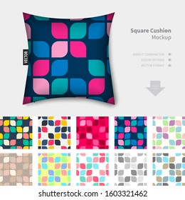 Realistic design vector pillow. Decorative printed covers throw cushion mockup with seamless geometric pattern in 10 retro colours combination. Webpage layout with choice vector pattern illustration.