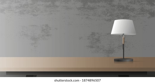 Realistic design. Wooden table with lamp. Gray concrete wall.