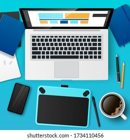 Realistic designer workplace with laptop, graphic tablet, coffee. 3d Website layout design, UI and UX development, logo design, graphic design, design agency and freelance concept. Vector illustration