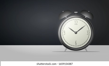 Realistic desk clock. Black retro alarm clock stands on the table. Retro watch. Vector illustration