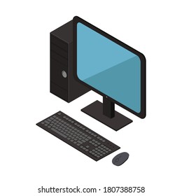 Realistic desktop 3D computer case with monitor, keyboard and mouse isolated on white background. Vector illustration