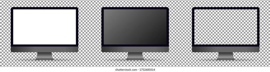 Realistic desktop computer mockup set. Desktop computer with blank screen. Mockup isolated on transparent background. Realistic vector illustration.