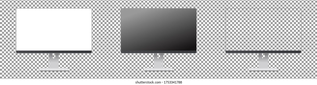 Realistische Desktop-Computer-Mock-up-Set. Desktop-Computer mit leerem Bildschirm. Mock up einzeln auf transparentem Hintergrund. Realistische Vektorgrafik.