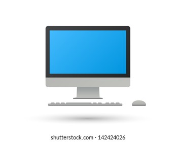 Realistic Desktop Computer with Monitor, Keyboard, Mouse, isolated on white background. Vector illustration.