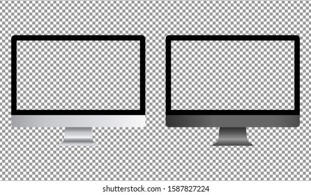 Realistic desktop computer with transparent screen. Desktop computer mockup isolated on background. Vector illustration.