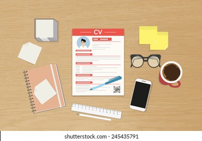 Realistic desktop design with CV template. Vector illustration of desk table and cv paper prepared for the interview as summary resume of employee skills. Business resume presentation for an interview