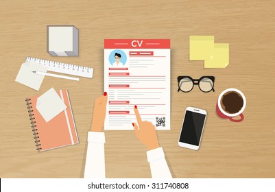Realistic desktop design with CV template presentation and female hands