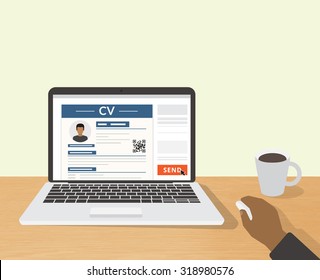 Realistic desktop design with CV template presentation. Illustration of sending online CV to employer