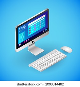 Realistic desktop PC in isometry. Vector isometric illustration of electronic device, desktop computer with working screen and operating system icons. Portable electronic gadget, personal computer
