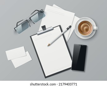 Realistic desktop top view. Office worker workplace composition. Tablet and smartphone on desk. Coffee cup. Eyeglasses and pencil. Document blank pages. Notepaper sheets