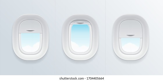 Realistic Detailed 3d Airplane Window with Blue Sky View Set. Vector illustration of Porthole with Open and Closed Glass