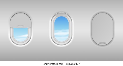 Realistic Detailed 3d Airplane Window With Blue Sky View Set. Porthole With Open And Closed Glass. Plane Interior Cabin In Flight. Vector Illustration