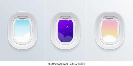 Realistic Detailed 3d Airplane Window with Different Views Set. Vector illustration of Porthole with Day, Night and Morning View