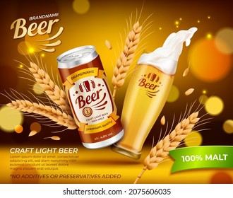 Realistic Detailed 3d Aluminum Can Beer and Golden Beer Transparent Glass Cup Ads Banner Concept Poster Card. Vector illustration