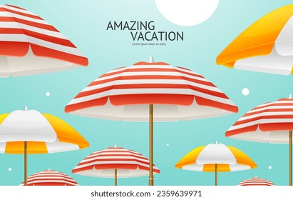 Realistic Detailed 3d Amazing Vacation Horizontal Ads Banner Concept Poster Card with Beach Umbrellas. Vector illustration of Summer Travel and Tourism