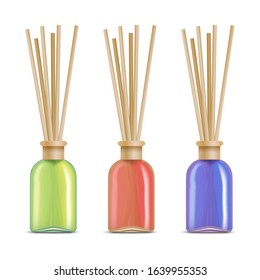 Realistic Detailed 3d Aromatherapy Reed Sticks Set. Vector illustration of Color Glass Jar with Wooden Aroma Stick