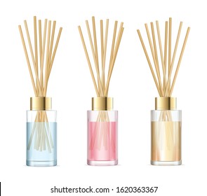 Realistic Detailed 3d Aromatherapy Set Concept. Vector illustration of Glass Jar Different Color with Wooden Aroma Sticks