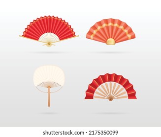 Realistic detailed 3d asian hand fans set symbol of asia culture. Chinese and japanese paper folding fan collection isolated. Oriental decor elements. Vector illustration