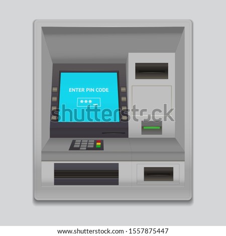 Realistic Detailed 3d Atm Machine Interface Enter Pin Code with Keypad Slot for Credit Card and Currency. Vector illustration of Payment Terminal