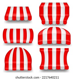 Realistic Detailed 3d Awnings Shop Tents Set Isolated on a White Background. Vector illustration of Striped Awning