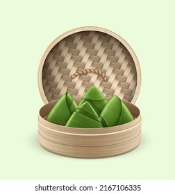 Realistic Detailed 3d Bamboo Steamer with Food Rice Dumplings or Zongzi Dragon Boat Festival Concept . Vector illustration