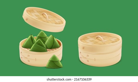 Diseño detallado realista 3d de vapor de bambú con vertederos de tapa y arroz, abierto y cerrado Ver el concepto del Festival del Barco Dragón . Ilustración vectorial de Zongzi