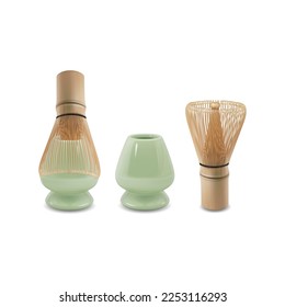 Realistic Detailed 3d Bamboo Whisk Set Japanese Matcha Tea Ceremony Concept. Vector illustration of Chasen