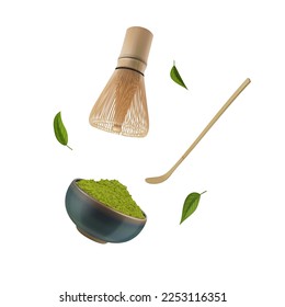 Realistic Detailed 3d Bamboo Whisk, Scoop and Bowl of Green Powder Set Matcha Concept Isolated on a White Background. Vector illustration