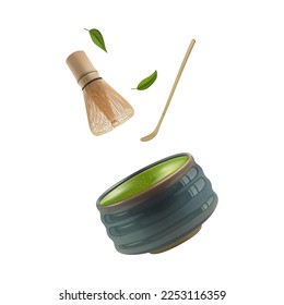 Realistic Detailed 3d Bamboo Whisk Chasen, Scoop Chashaku and Cup Chawan Set Matcha Concept Isolated on a White Background. Vector illustration