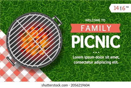 Realistic Detailed 3d Barbecue Grill and Family Picnic Ads Banner Concept Poster Card. Vector illustration of Bbq