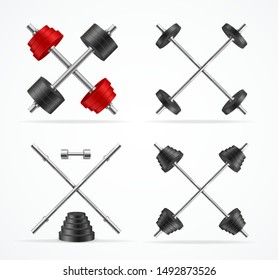 Realistic Detailed 3d Barbell and Dumbbells Emblems Set Symbol of Business Fitness or Gym. Vector illustration