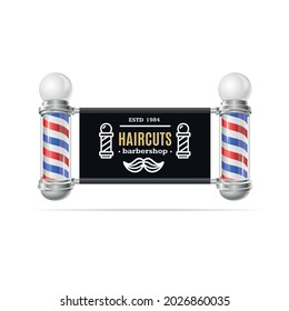 Realistic Detailed 3d Barbershop Card Poster Banner with Barber Pole. Vector illustration of Haircut Signboard on a White