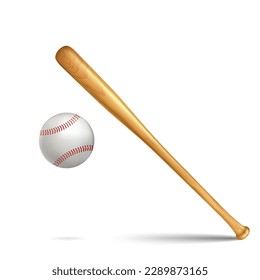 Realistic Detailed 3d Baseball Bat and Ball Set Isolated on a White Background. Vector illustration of Sport Game Equipment