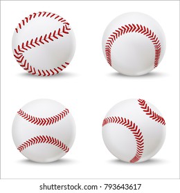 Realistic Detailed 3d Baseball Leather Ball Set Closeup View Element for Sport Game. Vector illustration of American Softball
